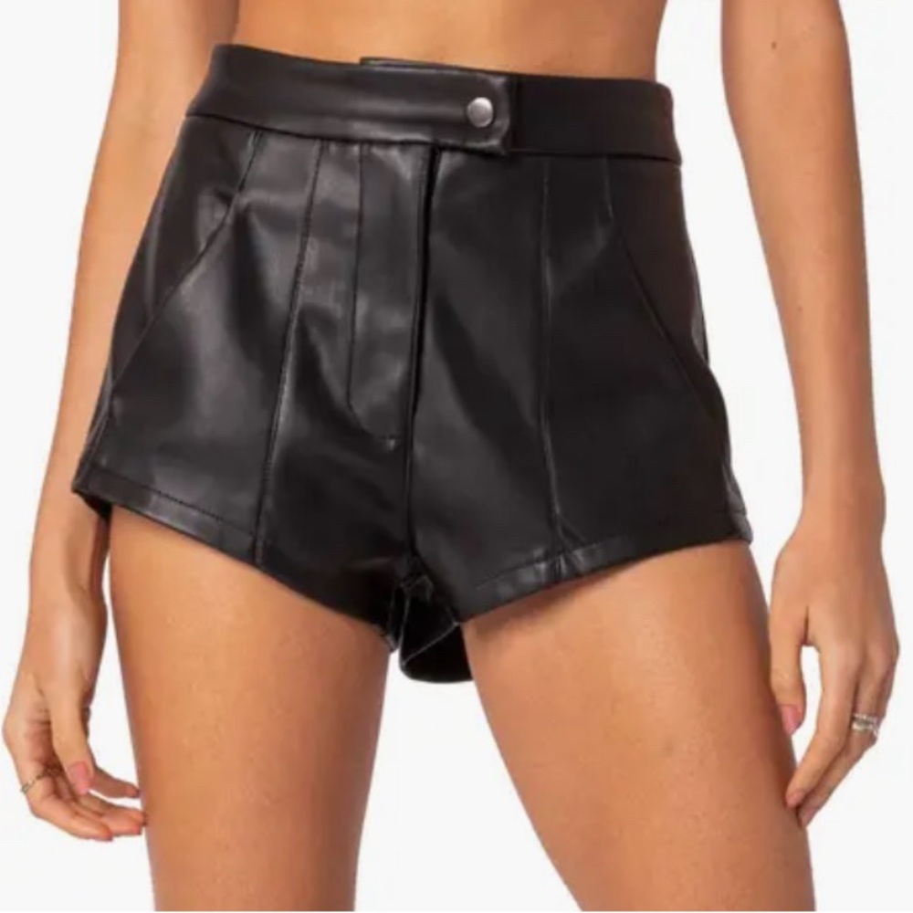 Edikted Black Faux Leather High-Waist Shorts: Ramona high waist faux leather
